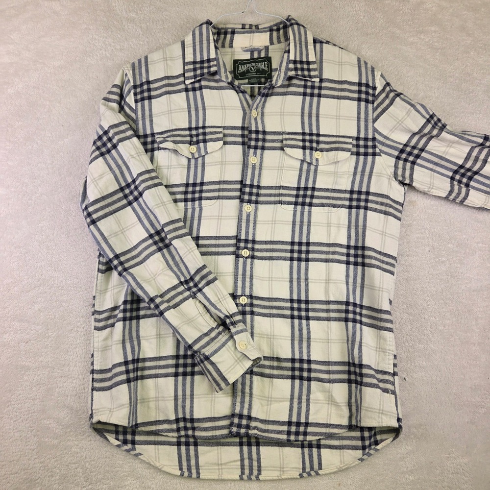 American Eagle Mens Flannel Shirt Medium Cream Navy Blue Plaid Button Down